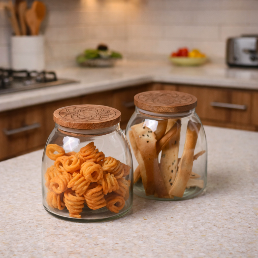 Glass Storage Jar with Engraved Wooden Lid - Set of 2
