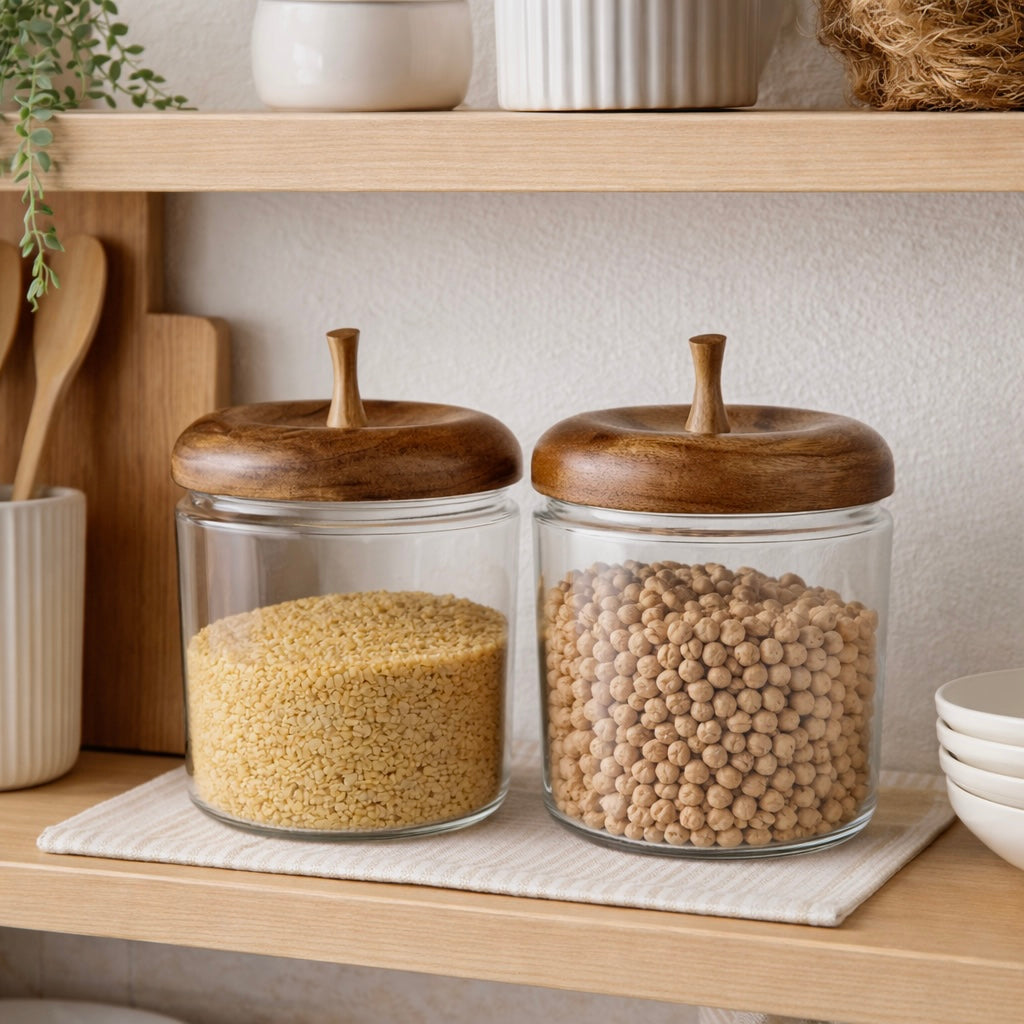 Apple Shaped Glass Storage Jars with Wooden Lid - Set of 2