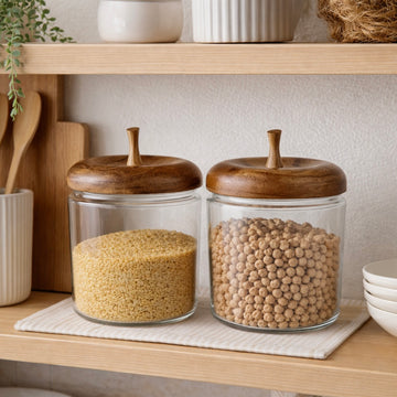 Apple Shaped Glass Storage Jars with Wooden Lid - Set of 2