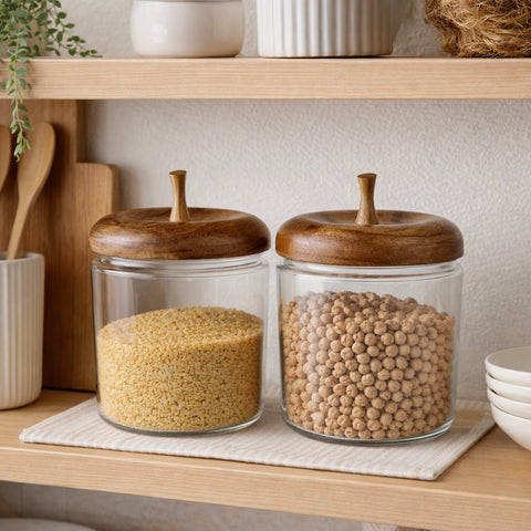 Apple Shaped Glass Storage Jars with Wooden Lid - Set of 2
