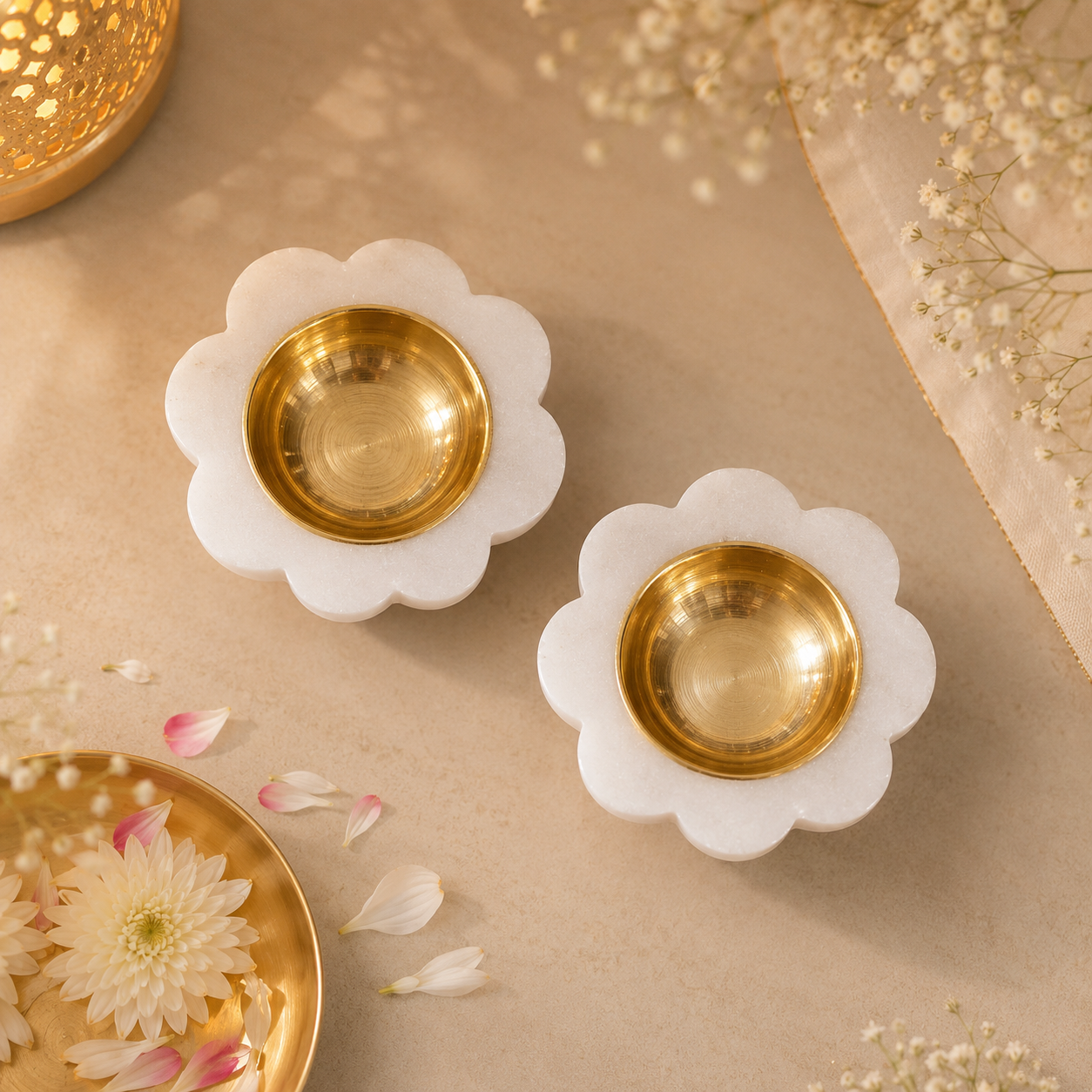 White Marble & Brass Flower Diya - Set of 2