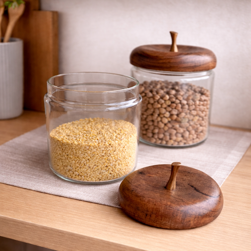 Apple Shaped Glass Storage Jars with Wooden Lid - Set of 2