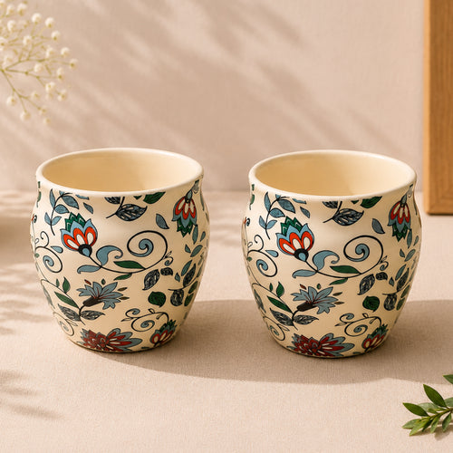 Blue Floral Stoneware Kulhad Cups - Set of 2