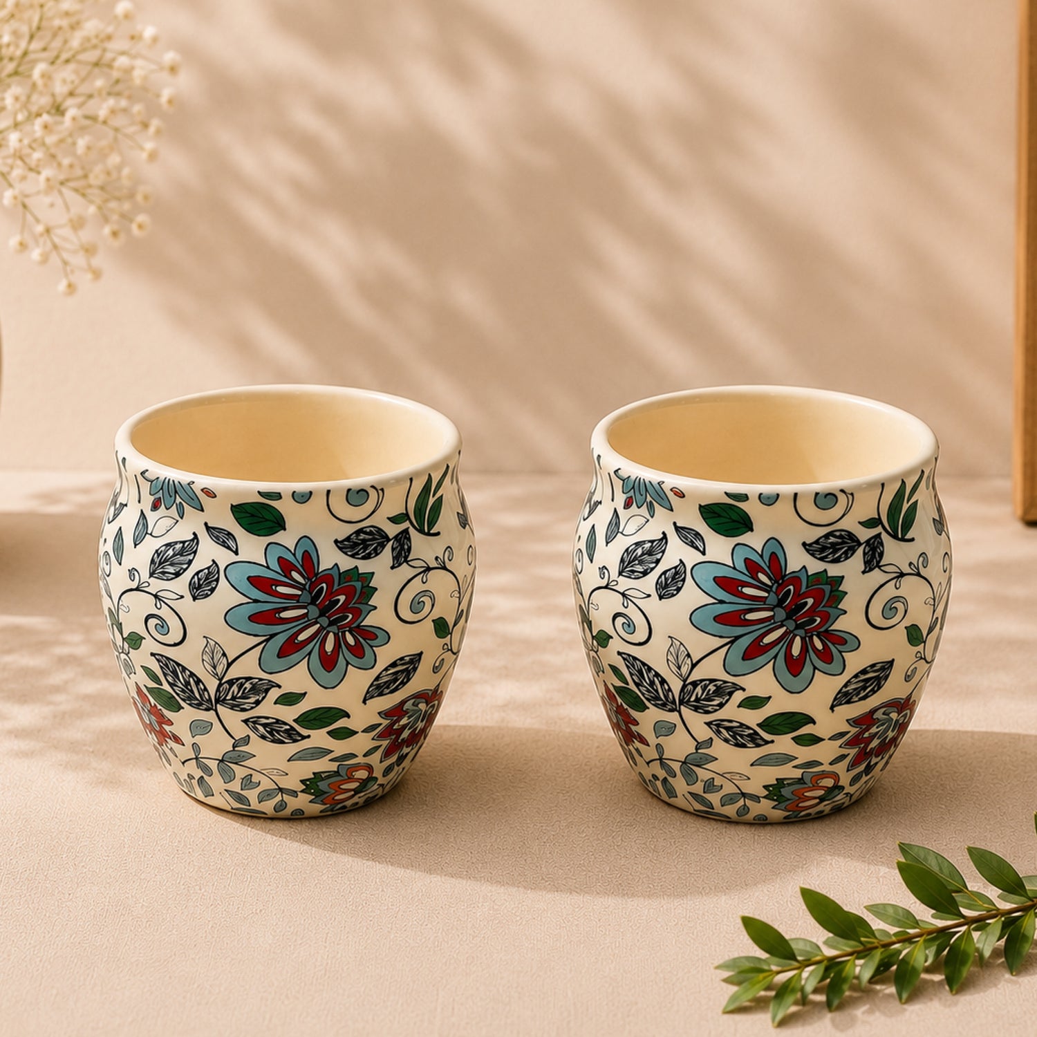 Blue Floral Stoneware Kulhad Cups - Set of 2