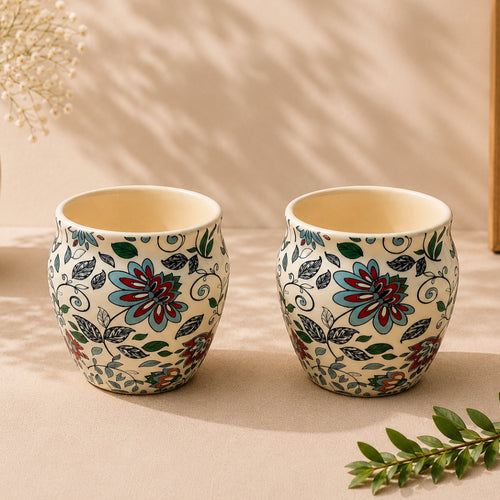 Blue Floral Stoneware Kulhad Cups - Set of 2