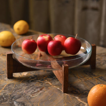 Glass Fruit Bowl with Wooden Stand