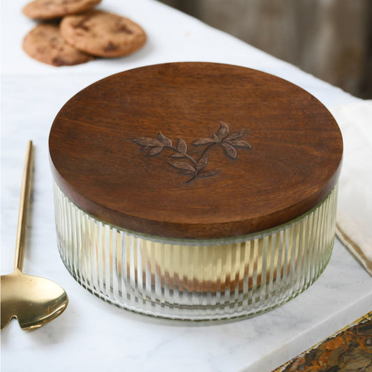 Glass Storage Bowl with Engraved Wooden Lid