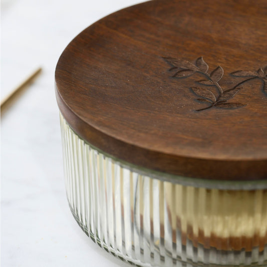 Glass Storage Bowl with Engraved Wooden Lid