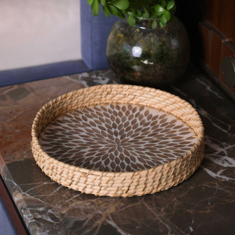 Floral Inlay Wooden Serving Tray – Round
