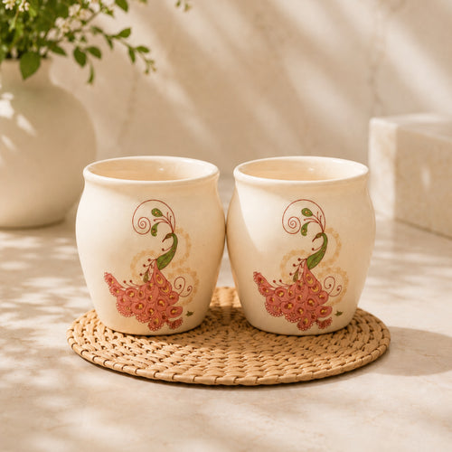 Stoneware Peacock Kulhad Cups - Set of 2