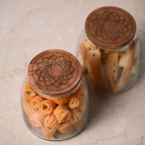 Glass Storage Jar with Engraved Wooden Lid - Set of 2