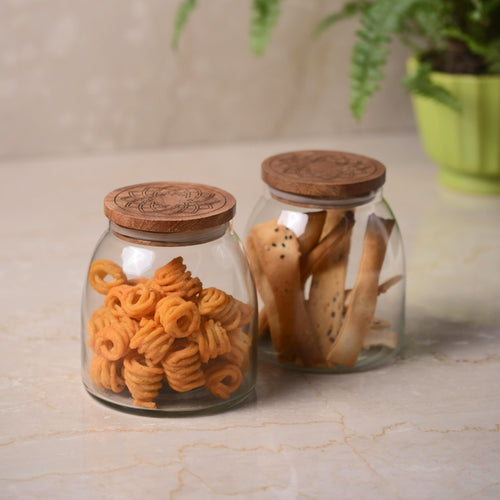 Glass Storage Jar with Engraved Wooden Lid - Set of 2