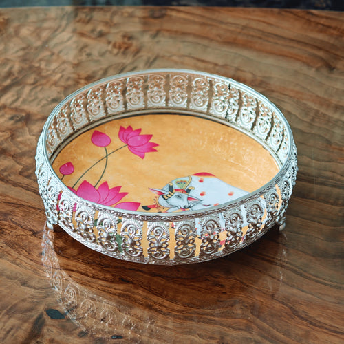 Elegant Lotus Enamel & Metal Decor Tray -  8 inch